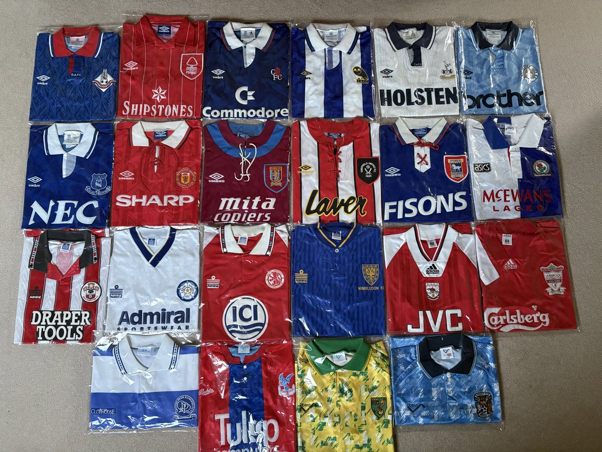 JonahSport's tweet photo. Finally completed my 1992/93 inaugural Premier League collection of all 22 team’s home shirts!! 🏴󠁧󠁢󠁥󠁮󠁧󠁿⚽️💥💪 @Slatsman @toy_toys_shirts @Showboatkits @grannysfootball @TunisianShirts https://t.co/WhFyVimZnk
