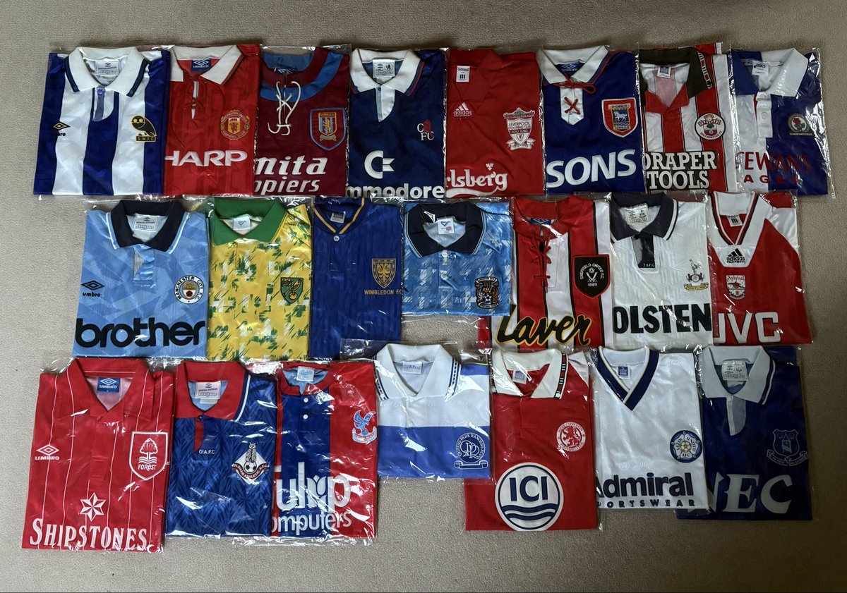 JonahSport's tweet photo. Finally completed my 1992/93 inaugural Premier League collection of all 22 team’s home shirts!! 🏴󠁧󠁢󠁥󠁮󠁧󠁿⚽️💥💪 @Slatsman @toy_toys_shirts @Showboatkits @grannysfootball @TunisianShirts https://t.co/WhFyVimZnk
