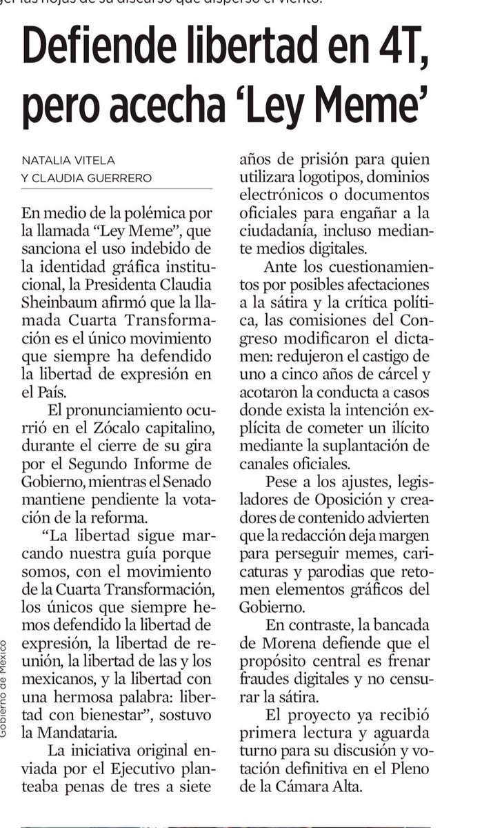 DeniseDresserG's tweet photo. La presidenta @Claudiashein presume que la 4T siempre ha defendido la libertad de expresión, mientras impulsa una “Ley Meme” que amenaza con criminalizar la sátira. Aunque se haya modificado el dictamen, persisten las dudas sobre su alcance. 

La libertad no se defiende proclamándola, sino garantizándola. Ya solo falta que nos digan “prohibido reír”.