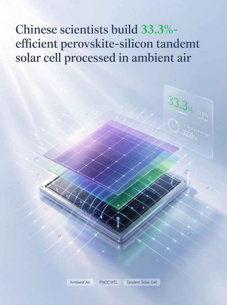 SNECPVPOWEREX's tweet photo. A Chinese research team has developed a high-performance perovskite-silicon tandem solar cell based on a newly designed polymer hole-transport layer. The technology enables device fabrication entirely under ambient air conditions, marking a key advance toward the scalable industrial production of perovskite photovoltaics.

🔹 Core breakthrough

The champion two-terminal perovskite-silicon tandem cell achieves a 33.3% power conversion efficiency (PCE), with an independently certified efficiency of 33.0%. Across 18 tandem devices, the team reported an average efficiency of 32.0%.

This performance is enabled by ambient-air blade coating — no inert atmosphere is required — which removes a major barrier to scaling perovskite manufacturing from lab-scale cells to large-area modules.

🔹 Key innovation: PNCC copolymer hole-transport layer

At the center of the breakthrough is PNCC, a co-polymer that integrates triarylamine and carbazole phosphonic acid (PACz) units. It was purpose-built to fix the inherent weaknesses of the two mainstream organic hole-transport materials:

- PTAA: strong charge transport but poor surface wettability, which hinders uniform perovskite deposition
- PACz-based self-assembled monolayers**: strong substrate adhesion but poor film uniformity, especially on textured silicon bottom cells

PNCC combines the high charge mobility of PTAA-like polymers with the strong substrate binding of PACz materials. It forms a highly uniform, void-free interface with the perovskite absorber, reduces non-radiative recombination and extends carrier lifetimes. The material is synthesized by copolymerizing PACz and triarylamine units at a 1:3 molar ratio.

🔹 Single-junction perovskite cell performance

Built with the same ambient blade-coating process, the single-junction p-i-n perovskite device delivers:

- 26.6% PCE (26.5% third-party certified)
- 1.21 V open-circuit voltage
- 26.1 mA/cm² short-circuit current density
- 84.1% fill factor

By comparison, reference cells based on conventional PTAA and Me-4PACz reached only 23.5% and 24.1% efficiency respectively.

🔹 Stability performance

- Single-junction cell: retains 99.8% of initial PCE after 1,200 hours of light soaking (~40 °C in air); 95.1% after 1,400 hours at 65 °C; 92.8% after 1,200 hours at 85 °C
- Encapsulated tandem cell: retains 85% of initial efficiency after 1,140 hours of 1-sun illumination at 65 °C in air