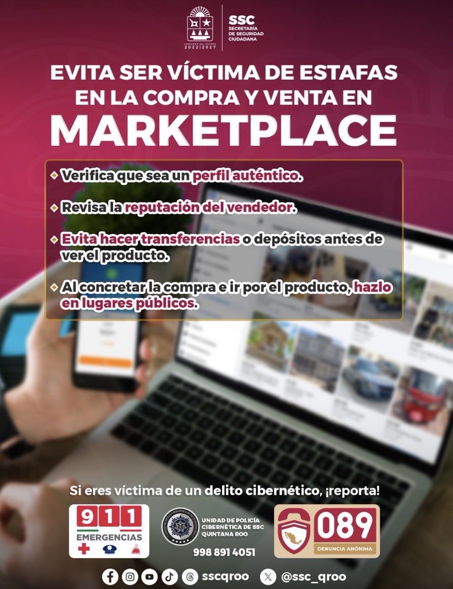 OvejaNe87406723's tweet photo. Evita ser víctima de estafas en la Compra y Venta en MARKETPLACE.  Sigue as recomendaciones de la Secretaría de Seguridad Ciudadana de Q. Roo. #UnidosParaTransformar #PreveniryProteger #sscqroo https://t.co/x7AQzPAtow