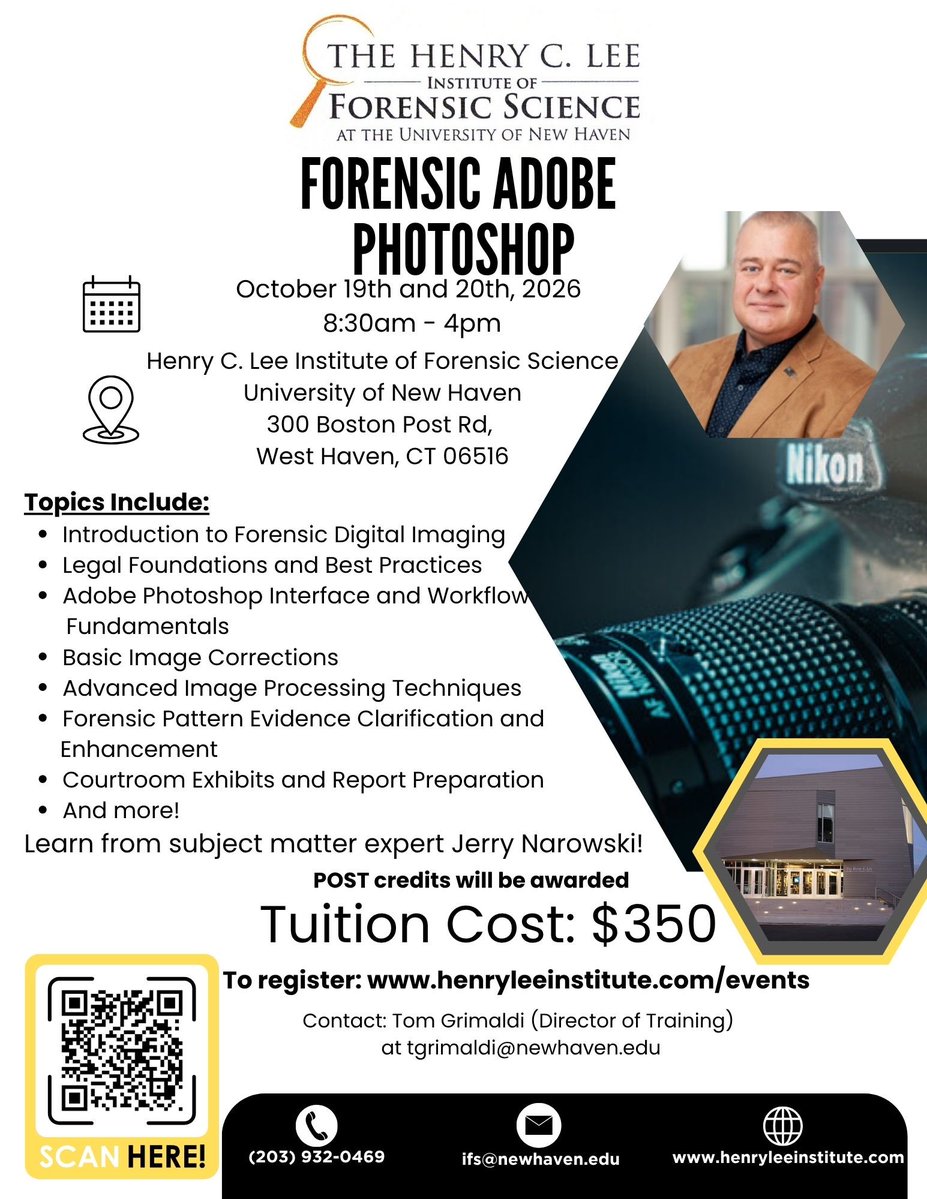 LeeForensicInst's tweet photo. 🔍 Forensic Adobe Photoshop Training — Oct. 19–20

The Henry C. Lee Institute is offering a 2‑day, hands‑on Forensic Adobe Photoshop course designed specifically for law enforcement professionals who process digital evidence, prepare casework, &amp; support courtroom presentations. https://t.co/fc0zCfTT1r