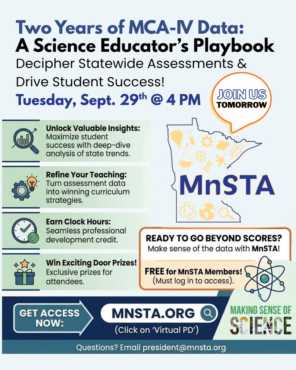 MnSTA1's tweet photo. Tomorrow at 4 PM CT: "Two Years of MCA-IV Data: A Science Educator's Playbook" 📊 A MnSTA webinar on turning assessment data into stronger teaching. Clock hours + door prizes! Free for members. Log in at https://t.co/uZozNvtOJV > Virtual PD. #MnSTA #ScienceEd #MNScienceTeachers https://t.co/lsbO0iBfTR