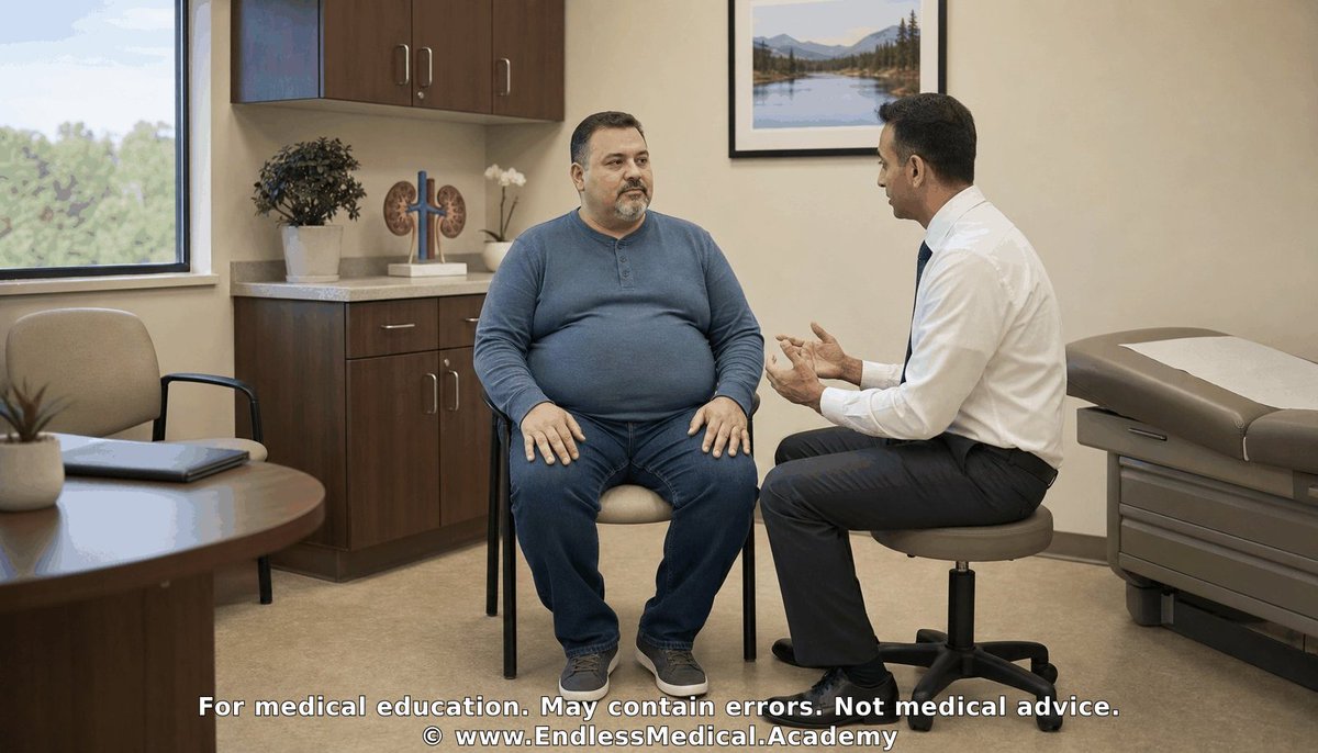 EndlessMedical's tweet photo. Let's study together! Can you solve this question?

Category: Hypertension > Management of Resistant Hypertension

A 51-year-old man is evaluated at a routine nephrology visit for persistently elevated blood pressure. Medical history includes Crohn disease status post ileocolic resection, asthma, obstructive sleep apnea treated with nocturnal continuous positive airway pressure, coronary artery disease treated with a drug-eluting stent 2 years ago, and chronic musculoskeletal pain. Medications are lisinopril 40 mg daily, amlodipine 10 mg daily, chlorthalidone 25 mg every morning, aspirin 81 mg daily, budesonide-formoterol inhaler twice daily, and acetaminophen as needed. He reports daily marijuana use and at least five alcoholic drinks each evening. He does not use NSAIDs or sympathomimetics.

Seated vital signs are blood pressure 176/98 mm Hg in both arms, pulse 84/min, respiratory rate 14/min, temperature 36.3 °C, oxygen saturation 98% on room air, and BMI 32 kg/m². Cardiovascular, pulmonary, abdominal, thyroid, and peripheral vascular examinations are otherwise unremarkable. There are no abdominal bruits and no peripheral edema.

Recent laboratory studies show sodium 140 mmol/L, potassium 4.1 mmol/L, creatinine 1.0 mg/dL, calcium 9.3 mg/dL, and fasting glucose 97 mg/dL. Morning plasma aldosterone is 6 ng/dL and plasma renin activity is 0.6 ng/mL/h, giving an aldosterone-to-renin ratio below the screening threshold for primary aldosteronism. A 24-hour urine collection shows sodium excretion 180 mmol and metanephrines within the reference range. Ambulatory blood-pressure monitoring recorded a 24-hour average of 168/90 mm Hg. Pharmacy refill data, pill counts, and serum drug levels confirm adherence.

Which of the following statements best characterizes the epidemiologic phenotype represented by this patient after objective exclusion of pseudoresistance?

🎬 Watch the video explanation: https://t.co/G9HnI4StUQ

Visit https://t.co/e43soRIiP2 for the answer and detailed explanation. Access requires a valid US NPI (licensed healthcare providers only).

#Hypertension #MedicalEducation #ManagementofResistantHypertension #MultipleChoiceQuestions #Medical #MCQ #EndlessMedical #EndlessMedicalAcademy #EndlessMedicalcom

Dig deeper on this topic at https://t.co/ofNUUCifgT, where multiple AI models debate, cross-check references, and verify calculations to give you the most updated and accurate medical information with minimal hallucinations and errors.

Further reading:

1. Resistant Hypertension: Detection, Evaluation, and Management: A Scientific Statement From the American Heart Association - (2018) - by Carey RM, Calhoun DA...
Confidence: 100%
Educational value: Supports understanding of the medical concepts in the question.
https://t.co/c6yWCQSyIa

2. Azizi M, Vongpatanasin W, Fisher NDL, et al. Diagnosis and Management of Resistant Hypertension: A Review. - JAMA - (2026) - by Azizi M, Vongpatanas...
Confidence: 100%
Educational value: Supports understanding of the medical concepts in the question.
https://t.co/Xa4gY79wYz

Links to sources are provided for optional further reading only.

Verified, approved and authored using AI by Lukasz Kiljanek MD, board-certified in Internal Medicine, Nephrology and Hypertension
*For medical education. May contain errors. Intended for licensed healthcare professionals & educators. Not medical advice. Full disclaimer: https://t.co/d57C8xdFf2
