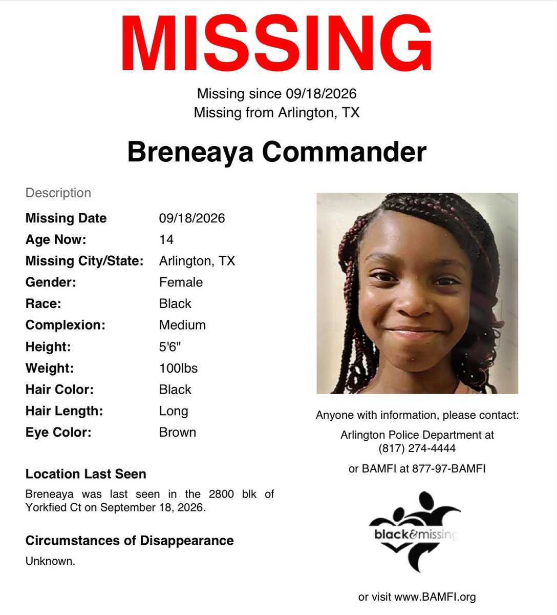 BAM_FI's tweet photo. #Arlington, #TX: 14y/o Breneaya was last seen in the 2800 blk of Yorkfied Ct on September 18. 

Have you seen her?

Please SHARE to #HelpUsFindBreneayaCommander #HelpUsFindUs #BreneayaCommander https://t.co/UOQvfBDDvw