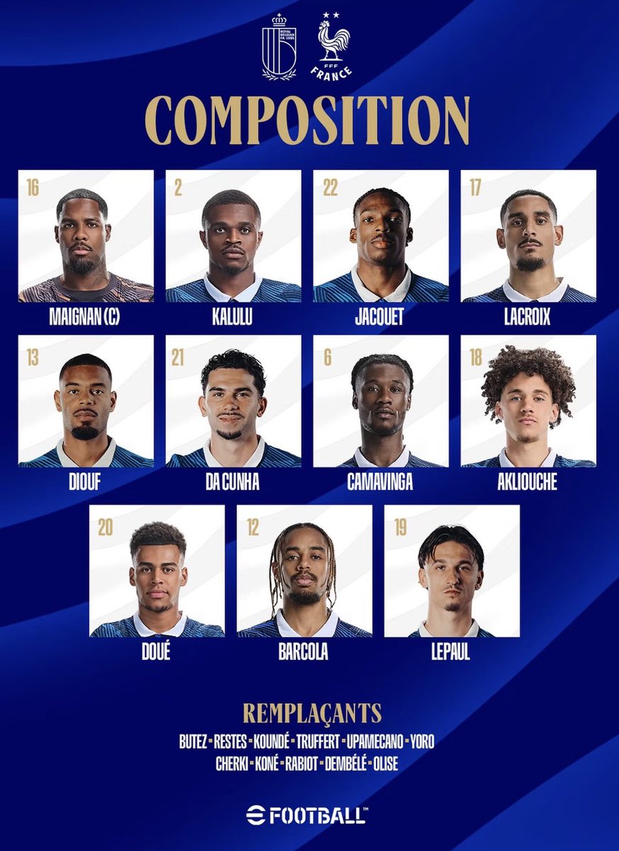 SimplyUtd's tweet photo. 🚨🇫🇷 Leny Yoro starts on the bench for France against Belgium https://t.co/WVXnIYxQJG