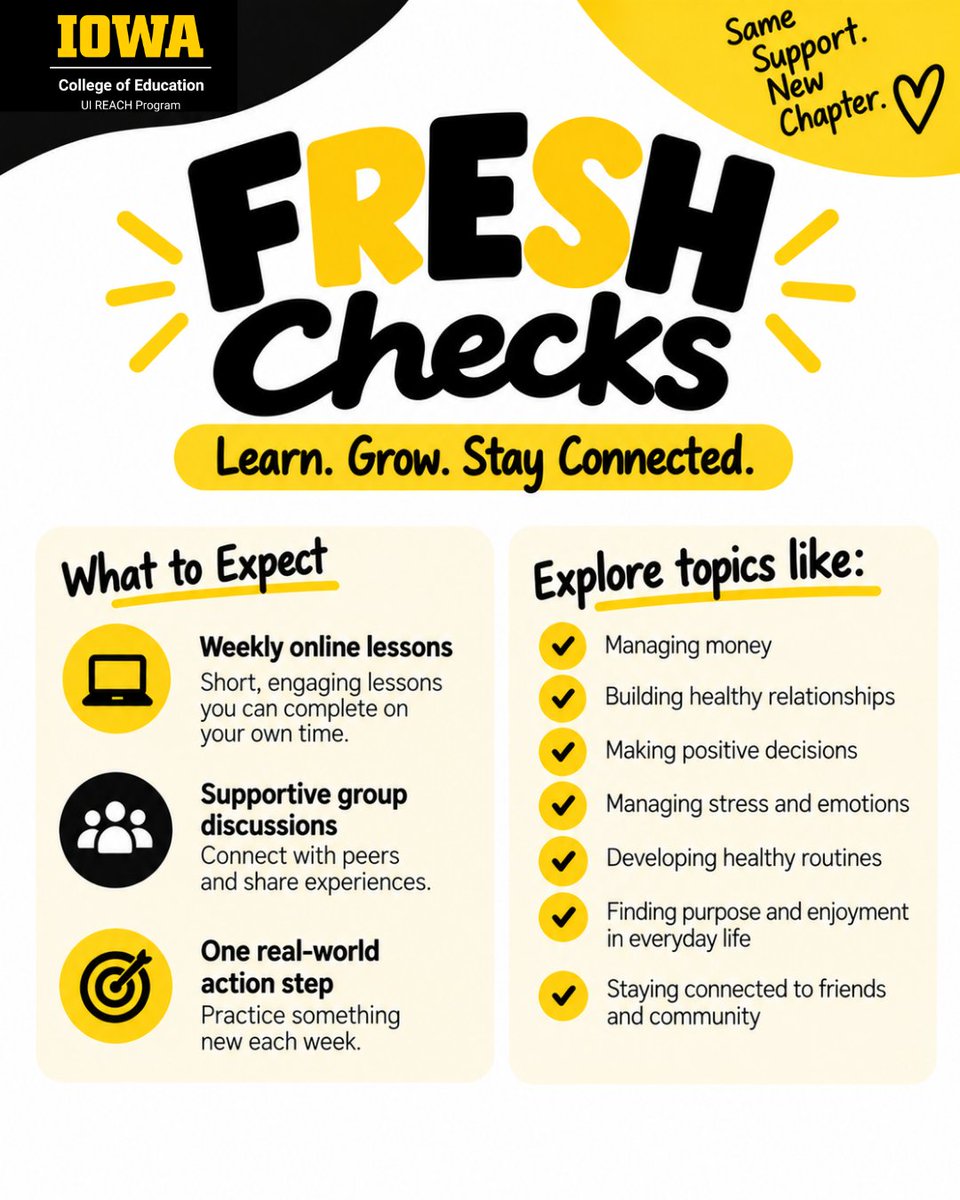 UIREACHProgram's tweet photo. Class starts October 6! FRESH Checks is a 10-week online course and guided support group designed to help students and alumni continue building meaningful, independent, and connected lives after college. Register now: https://t.co/bCSOu95sLR https://t.co/cHlXVCDBDy