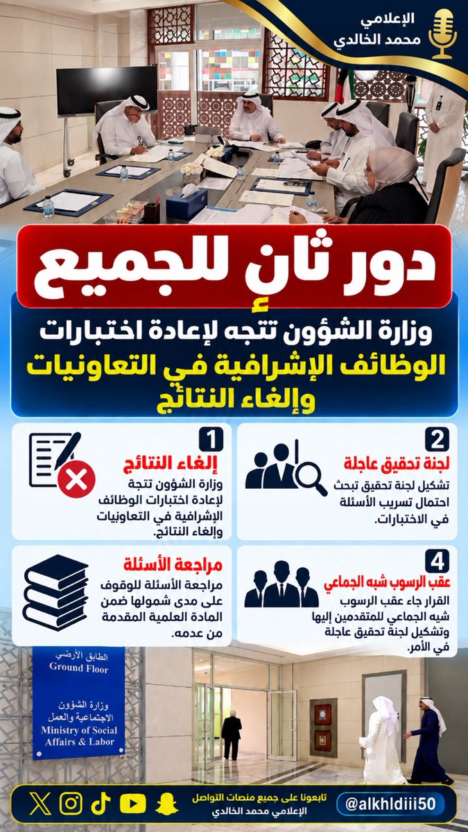 alkhaldiii50's tweet photo. #الكويت 🇰🇼 

دور ثانٍ للجميع  

• مصادر : #وزارة_الشؤون تتجه لإعادة اختبارات #الوظائف_الإشرافية في التعاونيات وإلغاء النتائج ، ولجنة تحقيق تبحث احتمال تسريب الأسئلة  

• عقب الرسوب شبه الجماعي للمتقدمين إليها وتشكيل لجنة تحقيق عاجلة في الأمر 

• مراجعة الأسئلة للوقوف على مدى شمولها ضمن المادة العلمية المقدمة من عدمه

@mosa1_kw