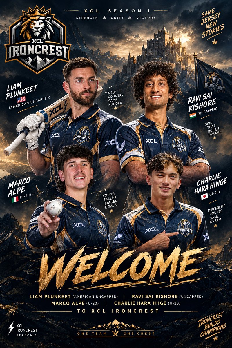 XCRICKLEA6's tweet photo. Welcome Liam Plunkett (American Uncapped), Ravi Sai Kishore (Uncapped), Marco Alpe (U-20) &amp; Charlie Hara Hinge (U-20) to the Ironcrest! 👑
New faces. One crest. One journey.

Owner: @TeamSamCurran58 

#XCL #SEASON1 https://t.co/FdtJp4wJR5