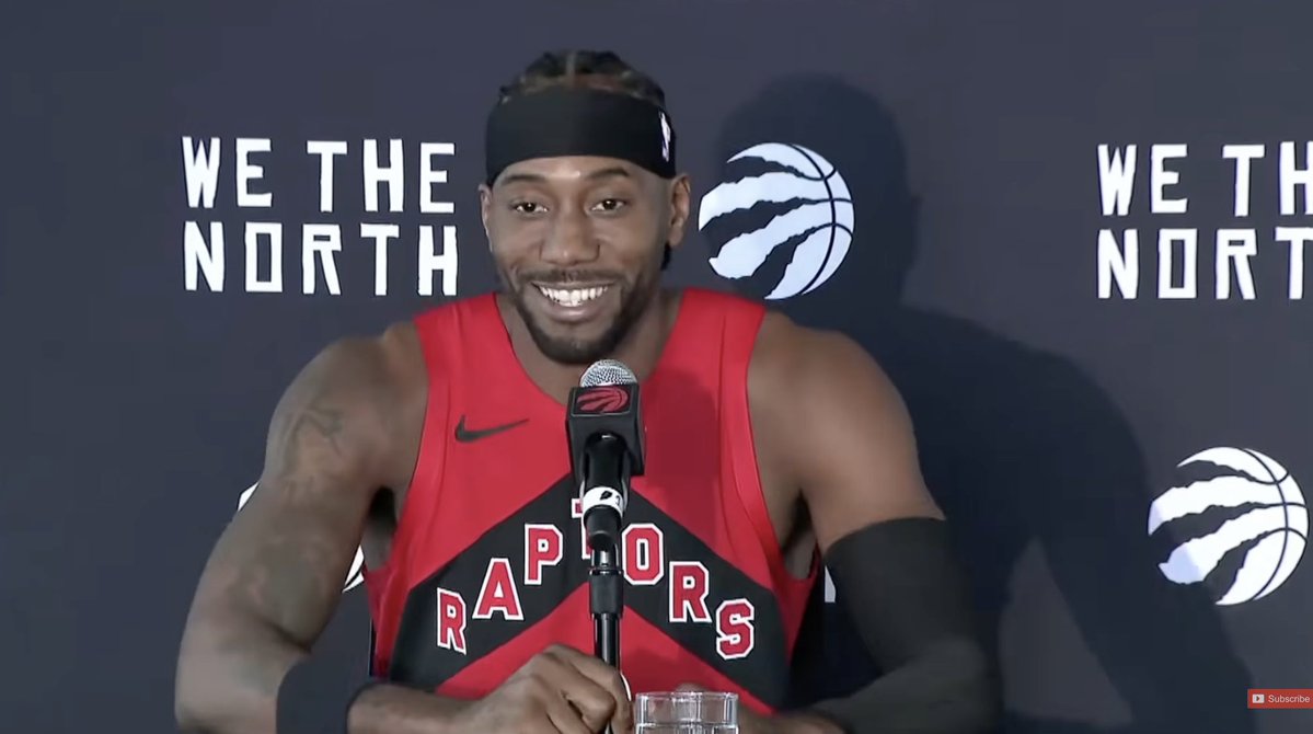 aidanlising's tweet photo. The difference between Kawhi's two Raptors pressers is actually killing me.

In 2018, he didn't speak until he got asked a question. Today, man sat down and hit us with the "hey everyone, thanks for coming" 😂 https://t.co/CdXvcTu7Gv