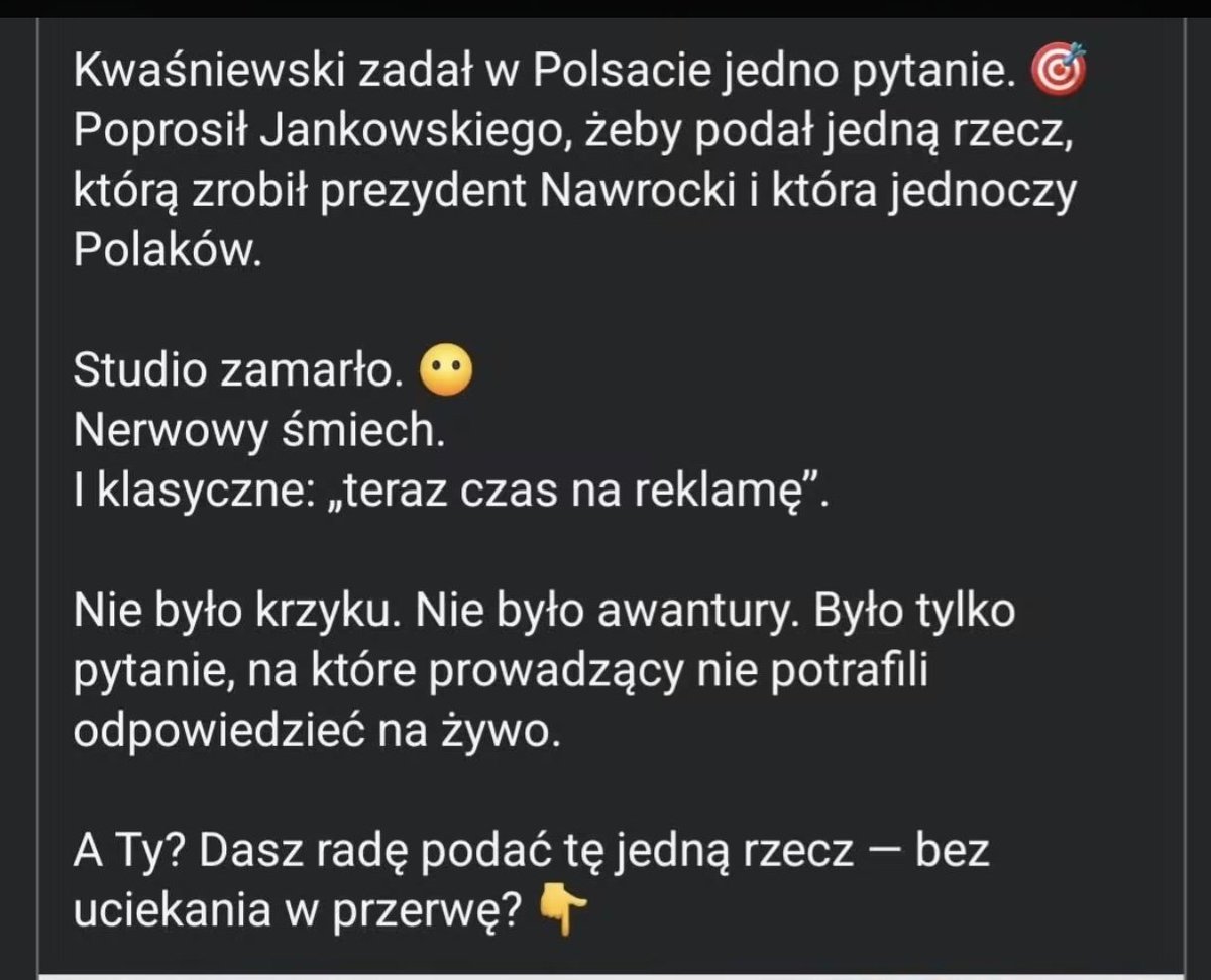 BogulakS's tweet photo. Jpdle jedno proste pytanie Kwaśniewskiego i prawi symetryści 😂 z Jankowskim na czele się posrali. To może powtórzę pytanie☝️ Podajcie jedną rzecz krórą zrobił Nawrocki i która jednoczy Polaków. No tęgie głowy na prawicy, niech wam się grzeje klawiatura😂😂😂😎 https://t.co/23EhPOe0Iq