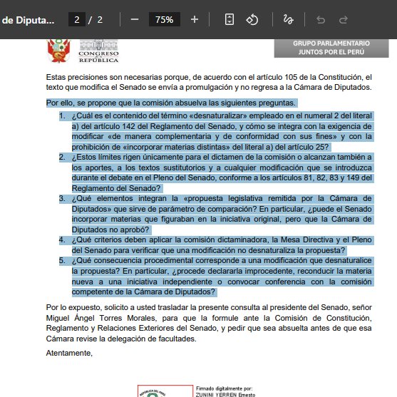 SofiaLopezLl's tweet photo. El diputado y vocero de Juntos por el Perú, Ernesto Zunini, envió un oficio para que el presidente del Congreso, Miguel Torres, aclare cuáles son los límites que tiene el Senado para modificar lo que aprueba la Cámara de Diputados sobre las facultades legislativas. https://t.co/7rPuY75snn