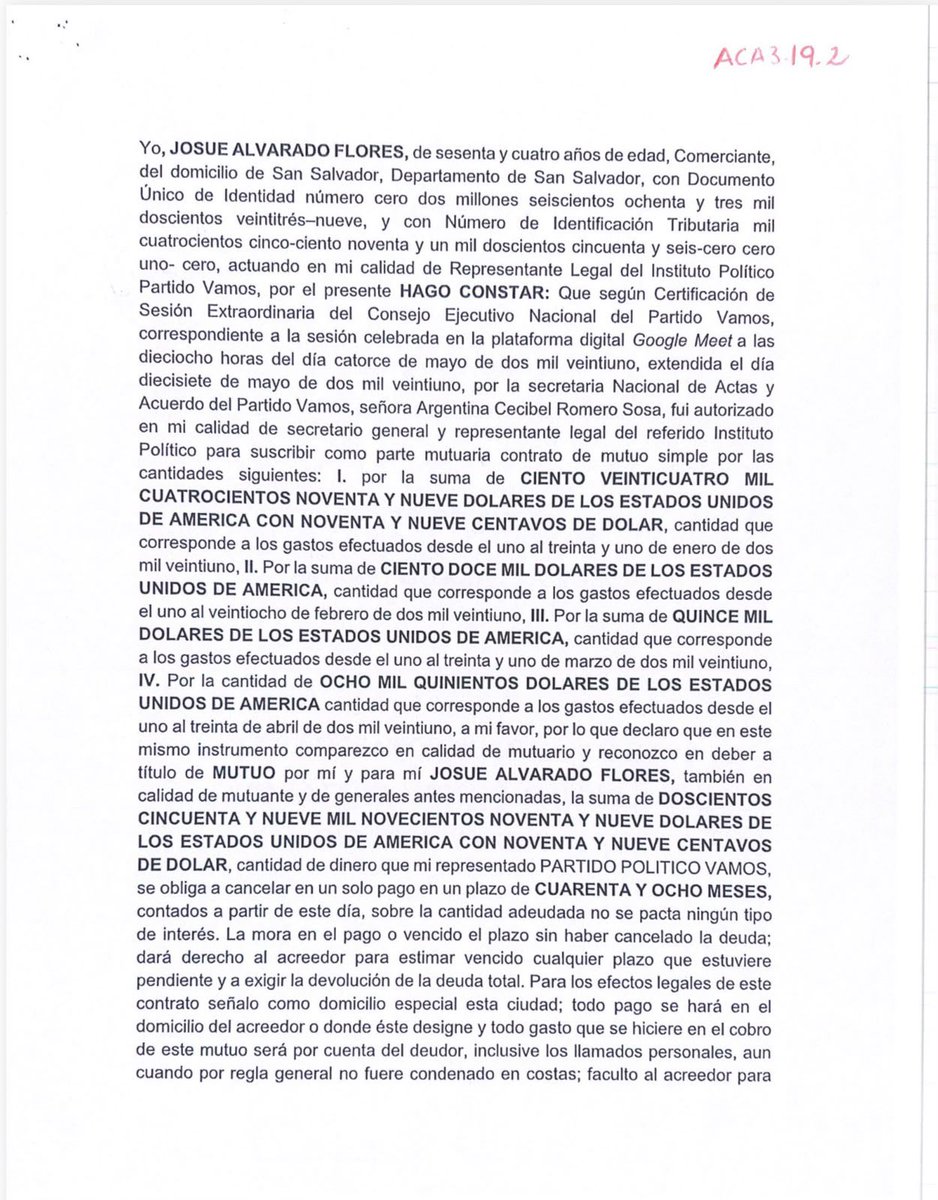 CajaNegraSV's tweet photo. @vamoselsalvador fue utilizado para que uno de sus fundadores se diera un préstamo a sí mismo. 

Josué Alvarado firmó un préstamo por $249,999.99 con VAMOS, partido que él mismo representaba.

El dinero sería devuelto en un solo pago, 48 meses después. https://t.co/O4M1qwADC2