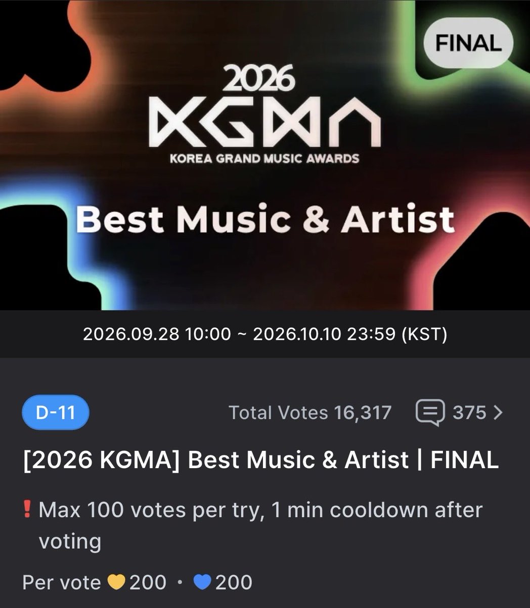 tatatuktoriiana's tweet photo. ‼️vote for CORTIS on KGMA «Best Music &amp; Artist» FINAL‼️
COOGOONG app. (end: october 10)
1 vote = 200 💙/💛
Let's do our best for CORTIS!
🔗 https://t.co/LCeXyxEbwE

#CORTIS #코르티스 https://t.co/1XsTlYYqmn