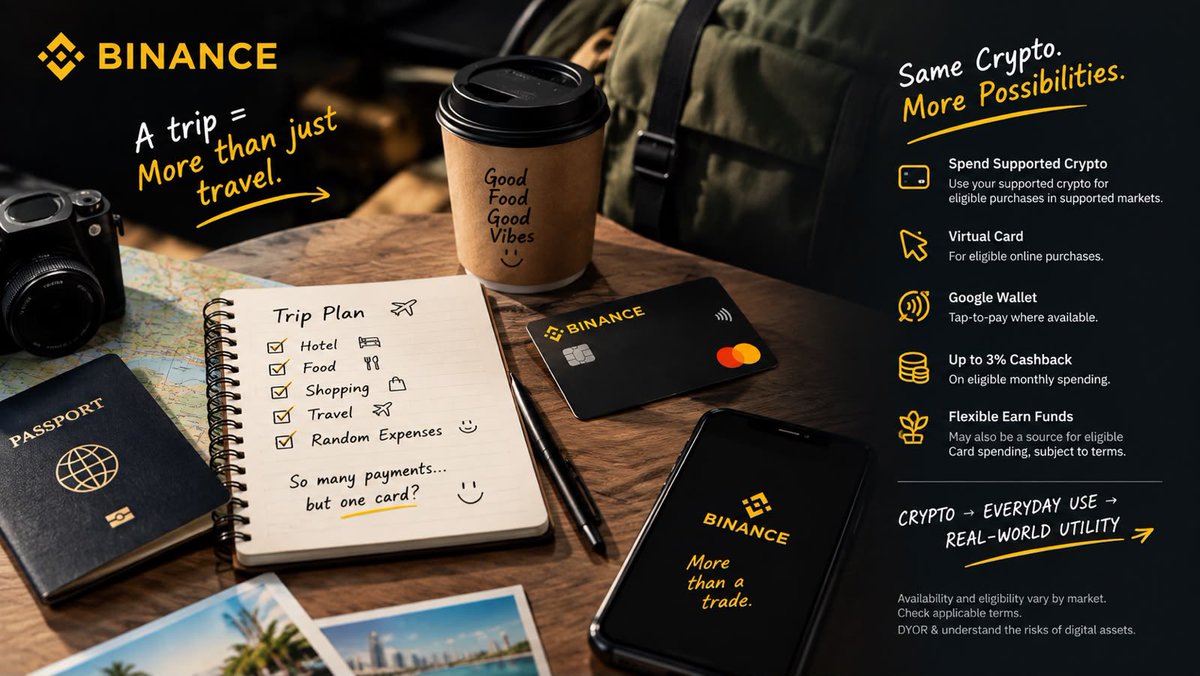 BIT_CO_'s tweet photo. When you plan a trip with friends, nobody really thinks about how many payments are going to happen.

First it’s the hotel.

Then food.

Then shopping.

Then suddenly there are ten small expenses you didn’t even plan for. 😅

That’s what made me look at the Binance Card use case differently.

In supported markets, eligible users can use supported crypto for eligible purchases… so crypto isn’t limited to being something you simply hold or trade.

And there’s an extra layer too:

> Up to 3% cashback on eligible monthly spending
> Virtual Card for eligible online purchases
> Google Wallet for tap-to-pay where available
> Flexible Earn funds may also be a source for eligible Card spending, subject to terms

The important part is understanding the conditions rather than just looking at the headline.

For me, this is what makes the concept interesting:

CRYPTO → EVERYDAY USE → REAL-WORLD UTILITY

Simple idea, but a very different way to look at what crypto can actually do.

Availability and eligibility vary by market. Check applicable terms.

DYOR & understand the risks of digital assets.

#Binance #BinanceCard #BinanceAcademy #LearnWithBinance