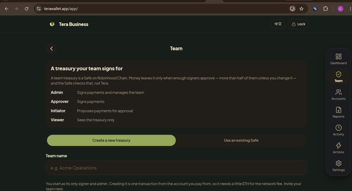 TeraWalletRH's tweet photo. Tera Business now has team treasuries, so your team can run shared money together.

A team treasury is a Safe on Robinhood Chain: one shared account your team controls. Money only leaves when enough of your signers approve. The treasury itself enforces that, not Tera. Tera keeps your member list and the approval queue, and it can never move your money.

Here's how to set one up:
1. Open Tera Business on the web, go to Team, and tap "Create team treasury". You start as its admin and only signer, and creating it costs a small network fee. Already have a Safe? Add it instead.

 2. Fund it. Copy the treasury address from the Team screen and send ETH, USDG or any token you hold.

3. Invite your team by wallet address or by business email, and give each person a role:
• Admin: approves payments and manages the team
• Approver: approves payments
• Initiator: proposes payments but can't approve them
• Viewer: sees the balance and the queue, nothing else.

4. They accept the invite the next time they open Tera Business. When someone becomes a signer, your current signers approve adding them, so nobody can take over the treasury alone.

How payments work:
• Anyone with the Initiator role or above proposes a payment: pay to a wallet address or a business email, pick the token, enter an amount, and add a note for the approvers.
• Signers see the full recipient address and amount before they approve. Tera decodes exactly what they're signing.
• By default more than half of your signers must approve: 2 of 3, 3 of 5. Once they have, anyone on the team can tap "Send now".

Changed your mind?
• Withdraw a proposal nobody has approved yet, instantly and for free.
• Reject a payment, and when enough signers agree it's cancelled on-chain without touching anything else in the queue. Every other payment keeps its approvals.
• Team changes are handled safely too. Add or remove a signer and Tera works out the change for where it sits in the queue, and rewrites it if the team changes first.

Everything shows up in your Tera Business dashboard next to your other accounts, and in your CSV and PDF reports.

Your business wallet is still yours: your recovery phrase is the only way back into it, and your email only receives payments.

Try it at https://t.co/fzXwQjap9l → Settings → Switch to Tera Business → Team.