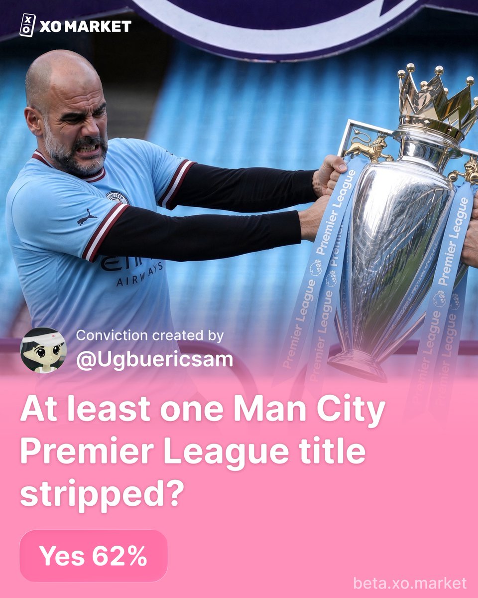 xomarket's tweet photo. 🚨 Now live on XO, created by @Ugbuericsam!

Manchester City were found guilty on 114/115 Premier League charges against them with sanctions likely next. 

Besides deducting ten points off Everton, does this mean City’s PL title(s) get stripped? https://t.co/DLZcxtwURf