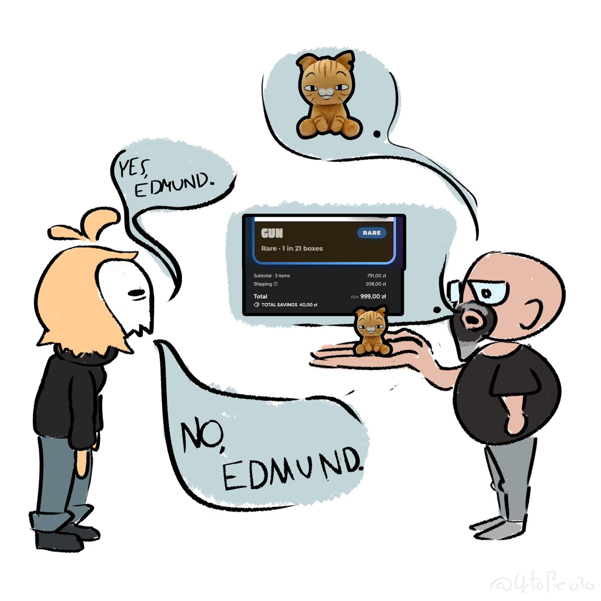 OctoPieo3o's tweet photo. Fast doodle to express my feelings toward new blind-boxes. I do love Gun, but not THAT much you know. 

Couldn’t find original meme so just went with my memories .3.  #mewgenicsmemes https://t.co/Gv5EKYM5lT