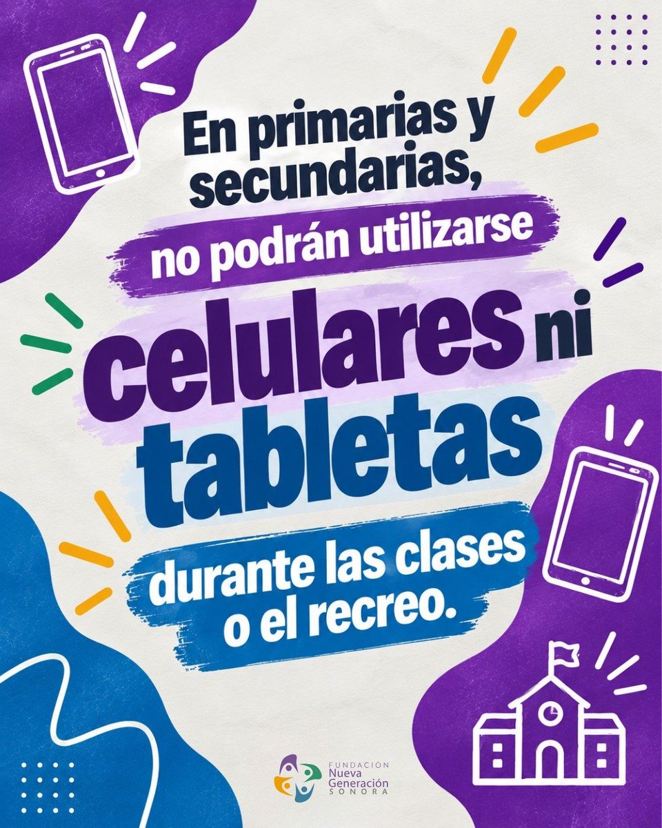 FNGSonora's tweet photo. 📵🏫 Celulares fuera de las aulas

A partir del 3 de noviembre, se regulará su uso en primarias y secundarias.

Desde casa también podemos acompañar: 
👨‍👩‍👧‍👦 Hablen sobre su uso.
🎮 Compartan momentos sin pantallas.
📱 Creen acuerdos en familia.

Acompañar también es educar. https://t.co/ZepUq1BUse