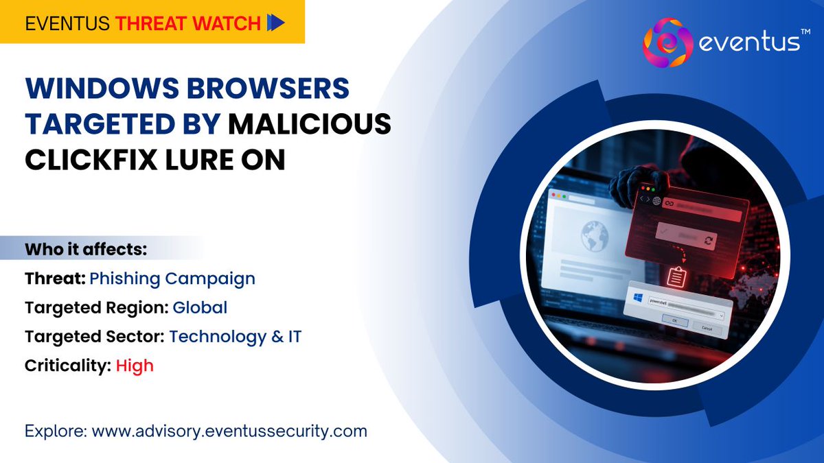 eventussecurity's tweet photo. 𝐄𝐯𝐞𝐧𝐭𝐮𝐬 𝐓𝐡𝐫𝐞𝐚𝐭 𝐖𝐚𝐭𝐜𝐡 | 𝐀𝐥𝐞𝐫𝐭 #𝟐𝟔

𝐓𝐇𝐄 𝐃𝐎𝐌𝐀𝐈𝐍 𝐋𝐎𝐎𝐊𝐄𝐃 𝐇𝐀𝐑𝐌𝐋𝐄𝐒𝐒. 𝐓𝐇𝐄 𝐑𝐔𝐍𝐓𝐈𝐌𝐄 𝐖𝐀𝐒𝐍’𝐓. 

A domain used as a placeholder across public code repositories is now being used in a #ClickFix campaign targeting Windows users. Visitors on other systems may see an ordinary page, making the malicious behaviour easier to miss.

The broader concern goes beyond one domain: a reference that once seemed harmless can become a live security risk when the domain behind it changes hands.
 
For security and development teams, the question is worth asking: where do placeholder domains appear in your code, documentation and tools, and what happens when those references are accessed?

Our latest advisory examines how the lure works, why routine checks may miss it, and what teams should review.

👉 𝗥𝗲𝗮𝗱 𝘁𝗵𝗲 𝗳𝘂𝗹𝗹 𝗮𝗱𝘃𝗶𝘀𝗼𝗿𝘆 𝘁𝗼 𝘀𝗲𝗲 𝗵𝗼𝘄 𝘁𝗵𝗶𝘀 𝘄𝗼𝗿𝗸𝘀 𝗮𝗻𝗱 𝗵𝗼𝘄 𝘁𝗼 𝘀𝘁𝗮𝘆 𝗽𝗿𝗼𝘁𝗲𝗰𝘁𝗲𝗱. https://t.co/HULfrFxraX

Eventus Threat Watch tracks the threats that can quietly move from “𝘭𝘰𝘰𝘬𝘴 𝘴𝘢𝘧𝘦” to “𝘢𝘭𝘳𝘦𝘢𝘥𝘺 𝘦𝘹𝘱𝘭𝘰𝘪𝘵𝘦𝘥”.
.
.
#EventusThreatWatch #CyberSecurity #ThreatIntelligence #SupplyChainSecurity #PowerShell #CyberThreats #InformationSecurity #EventusSecurity #SecureWithEventus