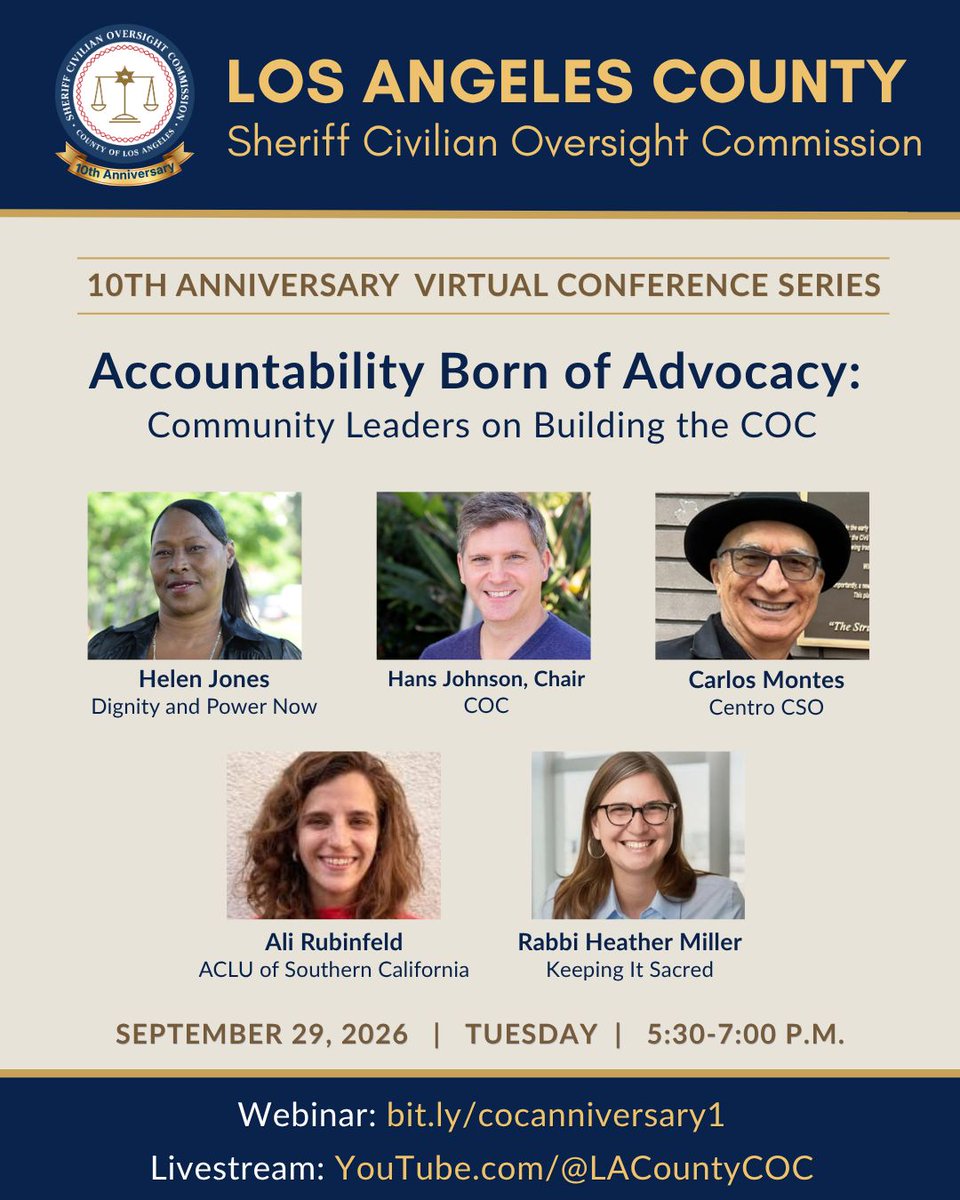 LACountyBOS's tweet photo. To kick off our 10th Anniversary Conference Series, we’re the advocacy that helped create the COC and motivates its work to this day.
Learn how community engagement can continue to guide and strengthen oversight.
Register today at: https://t.co/sWwm8AM1nU
#communitydialogue https://t.co/tDd5Uytfj6