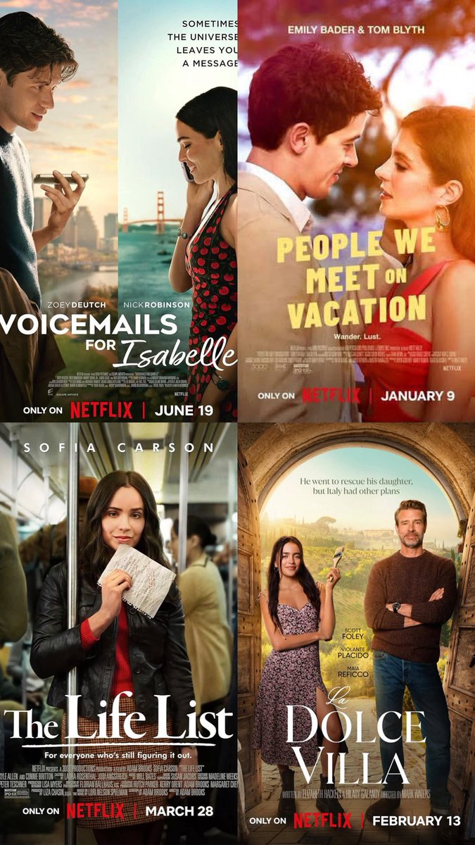 mirexmoses's tweet photo. Recommended romance movies on Netflix:

1. Voicemails for Isabelle (2026)
2. People We Meet on Vacation (2026)
3. The Life List (2025)
4. La Dolce Villa (2025)
5. Champagne Problems (2025)
6. Anyone But You (2024)
7. A Tourist's Guide to Love (2023)
8. Love at First Sight (2023)
9. No Hard Feelings (2023)
10. Look Both Ways (2022)
11. Purple Heart (2022)
12. The Hating Game (2021)
13. Love Hard (2021)
14. The Perfect Date (2019)
15. Set It Up (2018)￼
16. My Oxford year (2025)