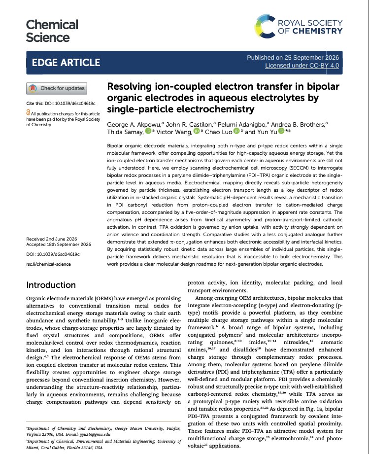 KingGeorgeAA's tweet photo. My first-ever first-author paper, and my first paper during my PhD, is out! 🎉

Our study, “Resolving ion-coupled electron transfer in bipolar organic electrodes in aqueous electrolytes by single-particle electrochemistry,” has just been published in Chemical Science. https://t.co/ibLA2vmA2B