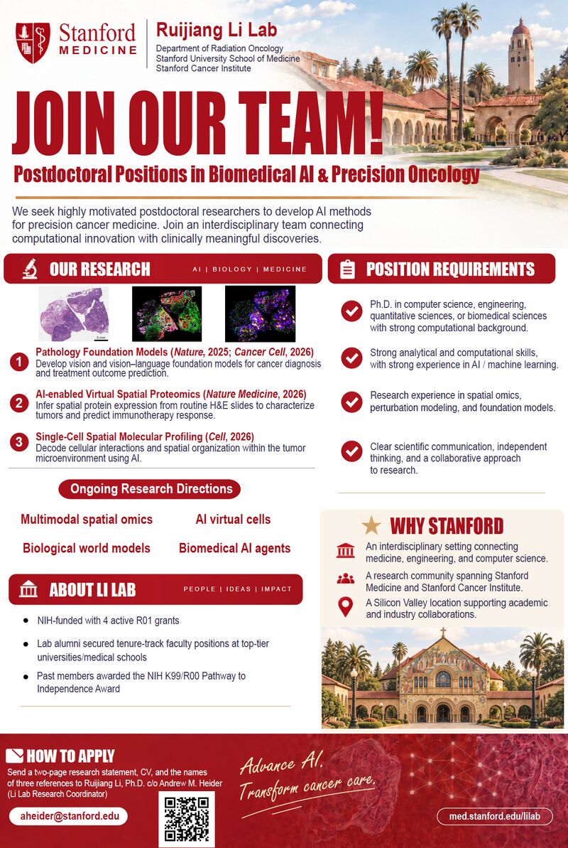 DerekHsiang's tweet photo. Join our growing team in AI for precision medicine at Stanford! 😀  Multiple positions of postdoctoral researchers who are excited to advance AI-driven, personalized healthcare. https://t.co/jrP45jCBmT