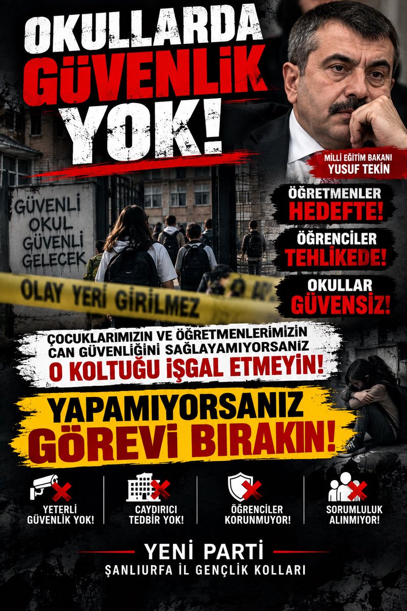 Konuarifcan's tweet photo. OKULLARDA GÜVENLİK TARTIŞMASI ARTIK ERTELENEMEZ!

Sayın Millî Eğitim Bakanı Yusuf Tekin;

Okulların güvenliği konusunda açıklama değil, etkili ve sonuç veren tedbirler istiyoruz.

Çocukların ve öğretmenlerin bulunduğu eğitim alanlarında güvenlik tartışmaları tekrar tekrar gündeme geliyorsa, mevcut politikalar ciddi biçimde sorgulanmalıdır.

Sorumluluğunuzu yerine getirin.
Yapamıyorsanız görevi bırakın!

@yenipartiyiz @urfayeniparti @eczozgurozel @EnsarAytekin10 @MTanal @BozansurucuYeni