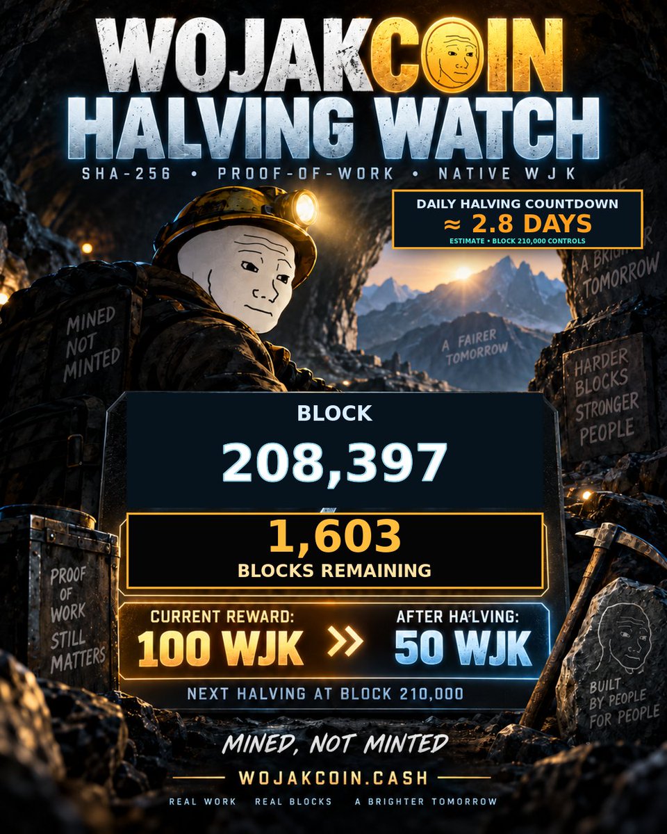 WojakCoin2017's tweet photo. HALVING WATCH ⛏️

Native WJK is at block 208,397. Only 1,603 blocks remain before the first reward cut: 100 → 50 WJK at block 210,000.

Recent aggregate pace: 149s/block (~2.8 days—estimate only). The chain decides.

Which signal matters most in the final stretch—miners, hashrate, or block pace?

https://t.co/va5uEVfPGB
#Bitcoin #BitcoinMining #ProofOfWork #WojakCoin #WJK