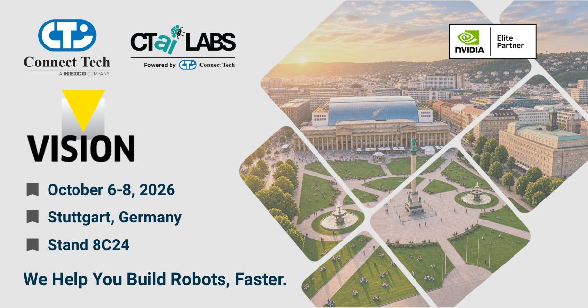 ConnectTechInc's tweet photo. At #VISION2026, #ConnectTech and @CTaiLABS will be at Stand 8C24 with two live demos showcasing machine vision and #PhysicalAI.

See Edge AI hardware and software working together, and talk with our team about vision, robotics, and production deployment. https://t.co/2x0fJ5eAu8
