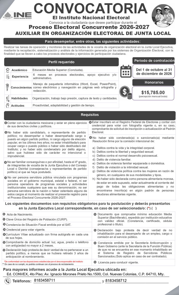 inenuevoleon's tweet photo. ¿Buscas empleo? 📢
La Junta Local Ejecutiva del #INE te invita a participar en la convocatoria para ocupar la plaza de Auxiliar Técnica/o de Organización Electoral.💰 Percepción mensual bruta: $15,785.00📅Periodo de contratación: del 1 de octubre al 31 de diciembre de 2026. https://t.co/DjksGesaza