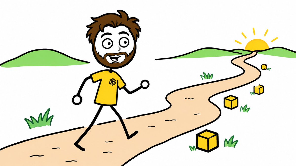 A cartoon illustration of a bearded man wearing a yellow shirt with a cube logo, walking along a winding path toward a rising sun, with golden cubes scattered along the way.