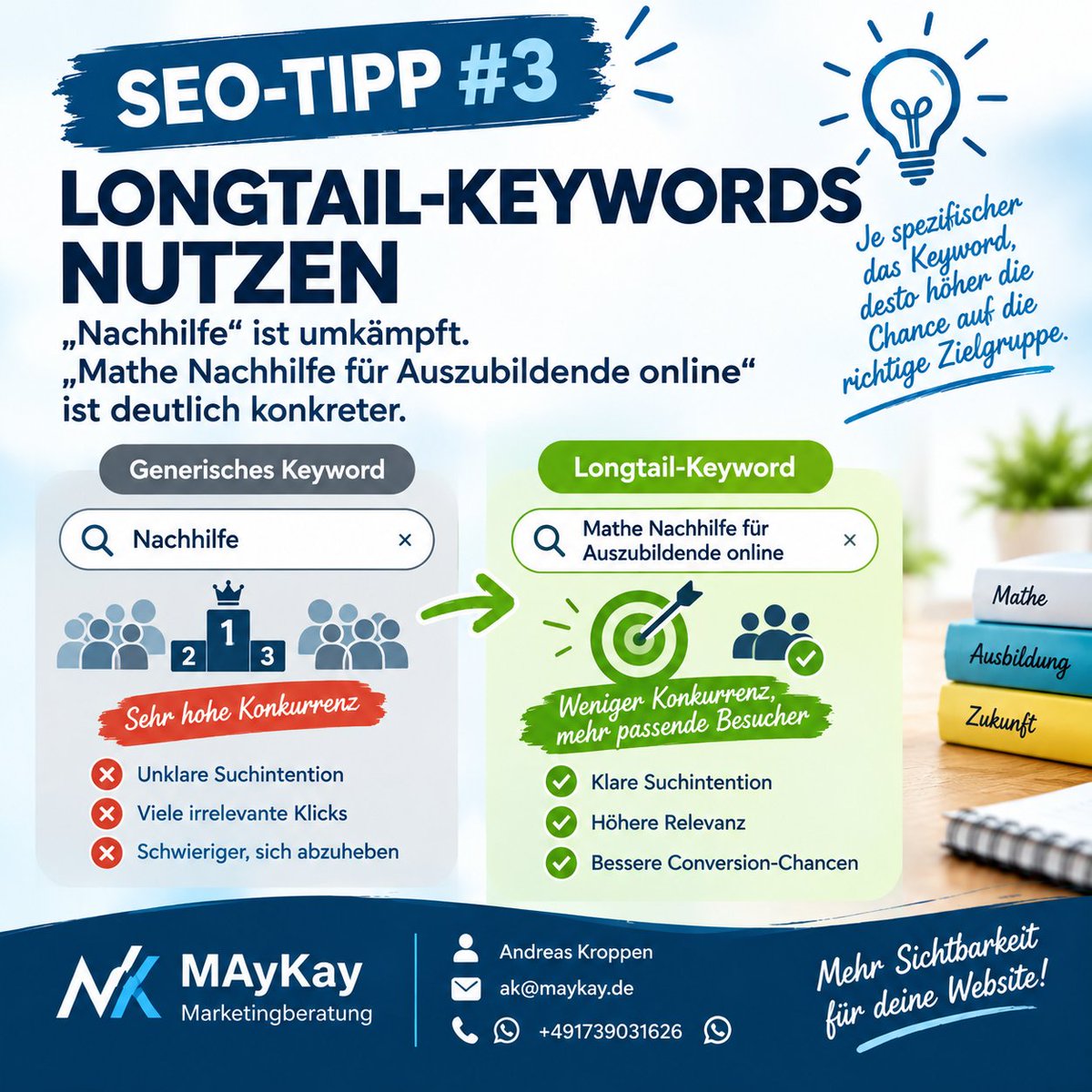 MAyKayMarketing's tweet photo. SEO-Tipp 3️⃣ Longtail-Keywords nutzen

„Nachhilfe“ ist umkämpft. „Mathe Nachhilfe für Auszubildende online“ ist deutlich konkreter.

#seo #longtailkeyword #onpage #optimierung #website #Domains #sichtbarkeit #visibility #suchmaschinenoptimierung #maykay https://t.co/RkjcoRDwyb