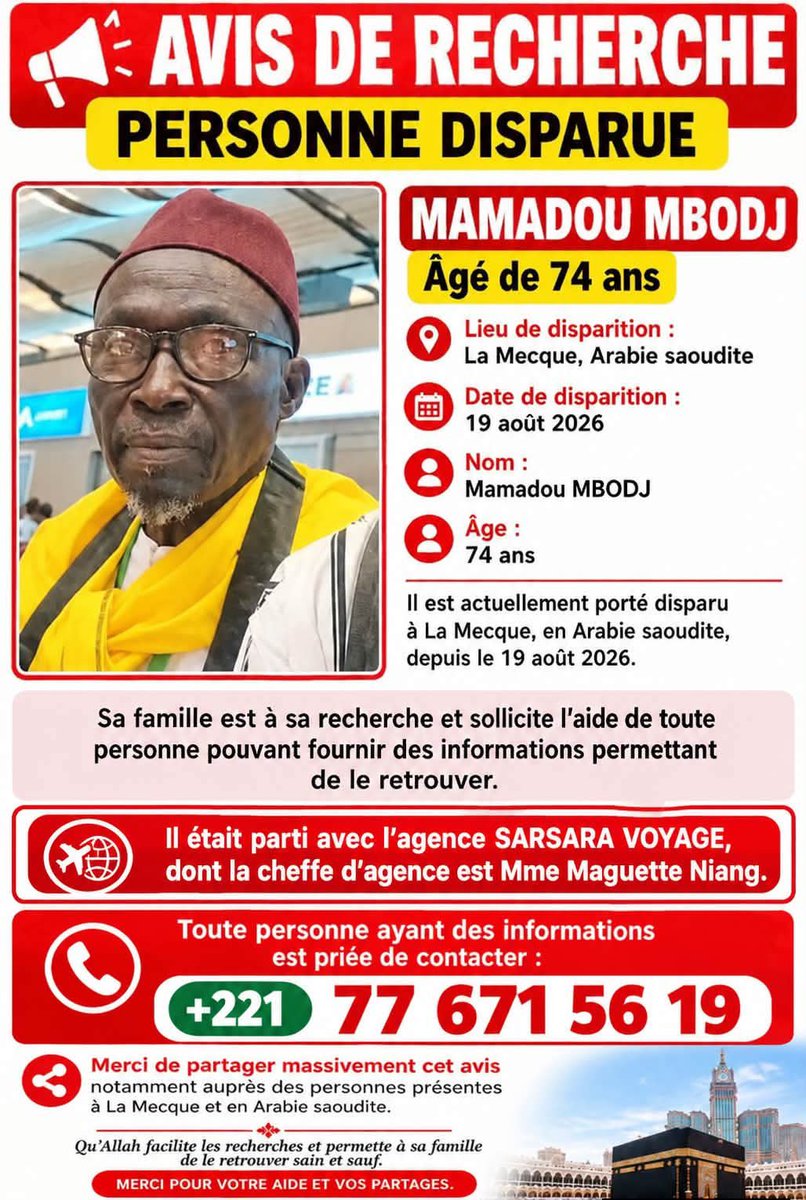 PaolaAssiya's tweet photo. 🕋 🚨 Je transfère 🚨 :

Bonjour,
Nous sommes à la recherche de notre papa, qui a été porté disparu à La Mecque depuis le 19 août 2026.

Il a été perdu de vue au niveau du 4ᵉ tour de Safa et Marwa. 
Nous avons immédiatement fait une déclaration auprès de la police de La Mecque et nous avons également effectué des recherches dans les hôpitaux et les morgues, mais malheureusement, nous n’avons toujours aucune nouvelle de lui.

Mon frère s’est également rendu sur place afin de poursuivre les recherches, mais jusqu’à présent, aucune information ne nous a permis de le retrouver.

Notre papa était parti avec l’agence SARSARA Voyage, dirigée par Mme Maguette Niang, cheffe d’agence.

Nous lançons donc un appel à toute personne qui aurait pu le voir ou qui disposerait d’une quelconque information pouvant nous aider à le retrouver.

S’il vous plaît, partagez largement ce message. Chaque partage peut nous rapprocher de notre papa.

Merci du fond du cœur à toutes les personnes qui nous aideront dans nos recherches et qui auront une pensée ou une prière pour lui.

Rt appréciés, baarak Allāhou fikoum