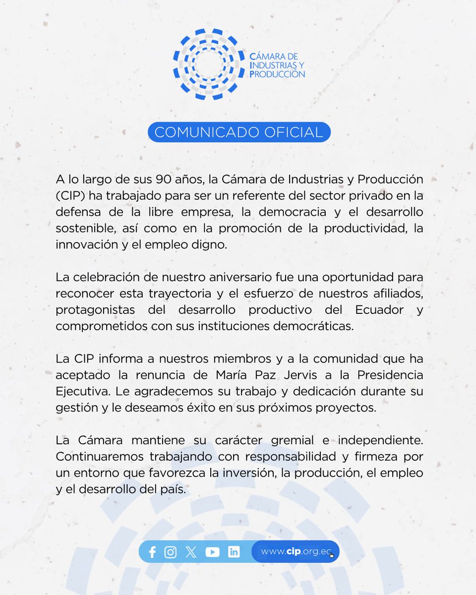 lahistoriaec's tweet photo. Invitada para que se vaya. La Presidenta Ejecutiva de la Cámara de Industrias @PazJervis, está fuera de su cargo días después de su discurso crítico con el gobierno durante la sesión de aniversario del gremio, que confirmó la renuncia, pero no dio detalles del trasfondo. Jervis estuvo 4 años y se va con cariño.