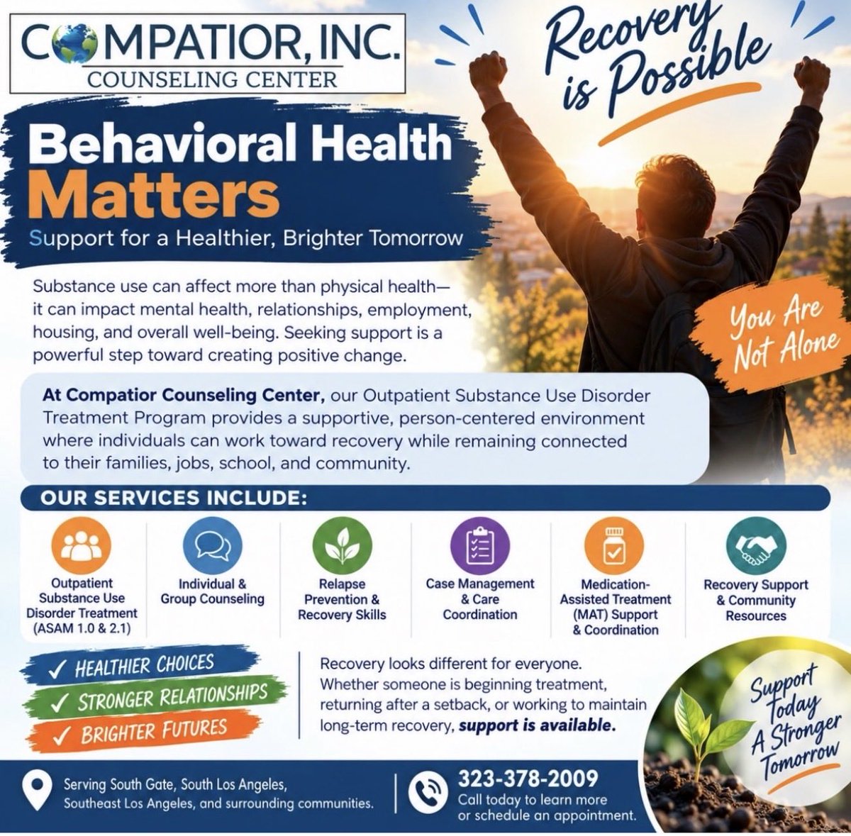 CompatiorCenter's tweet photo. #Compatior #BehavioralHealth #SubstanceUseRecovery #SUDTreatment #Treatment MentalHealthMatters OutpatientTreatment RecoverySupport SouthGate SouthLosAngeles CommunityHealth https://t.co/qtpiUApsxS