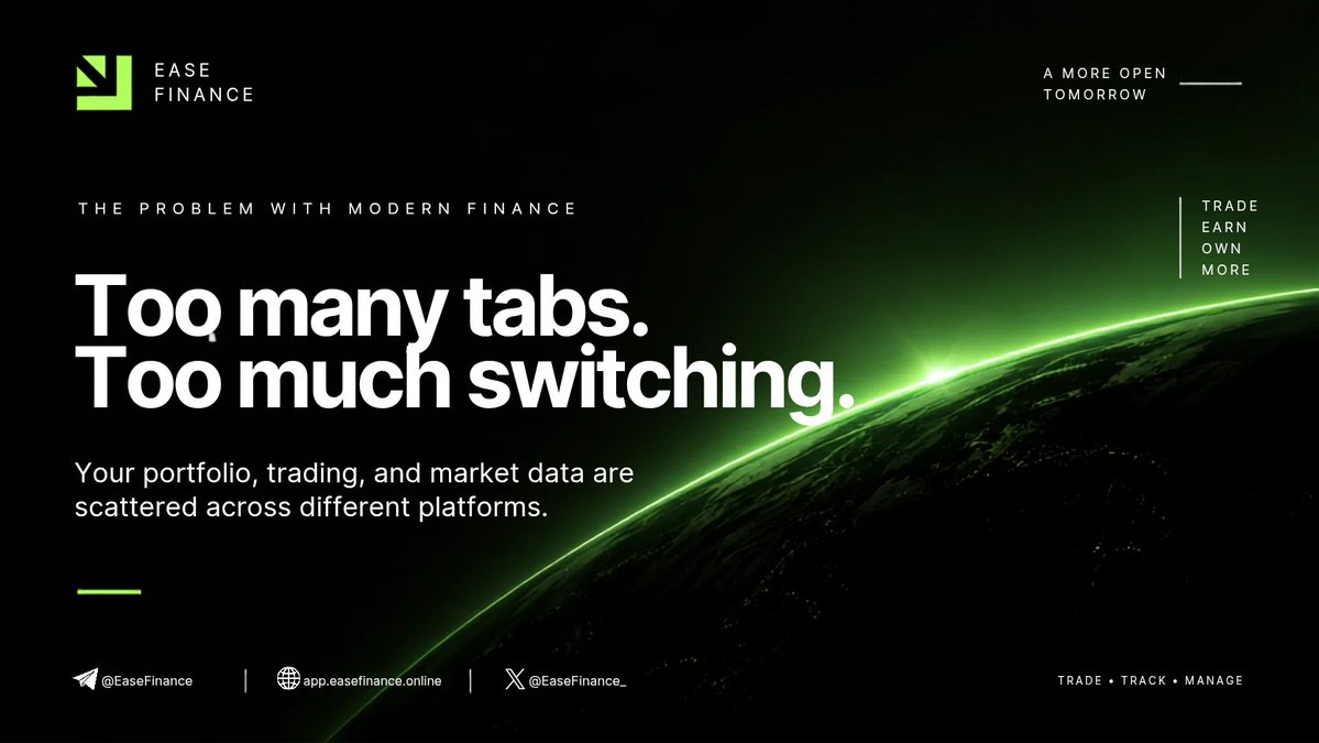 easefinance_'s tweet photo. The problem with modern finance?
Your portfolio lives here.
Your trading happens there.
Your market data is somewhere else.
And somehow you’re expected to keep track of everything.
We think there’s a better way.
One experience. Less switching.
That’s what we’re building at Ease Finance.
#EaseFinance #Crypto #TradFi