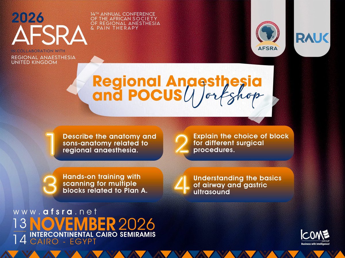 AFSRA10's tweet photo. Four Goals. One Practical Workshop.
✔️ Understand sono-anatomy
✔️ Choose the right block
✔️ Practice ultrasound scanning
✔️ Explore airway & gastric ultrasound
All at the Regional Anaesthesia & POCUS Workshop.

Abstract Submission Link: https://t.co/lHGL5G1PMZ
Physical Registration: https://t.co/ZgjVuNcHZk
Virtual Registration: https://t.co/jKhRk4aYQY
Pre-Congress Fluoroscopy-Guided Pain Workshop: https://t.co/MAF0escTZv
Website: https://t.co/NACgwA0WDc
📅13-14 Nov 2026
👉 InterContinental Semiramis Cairo, Egypt
