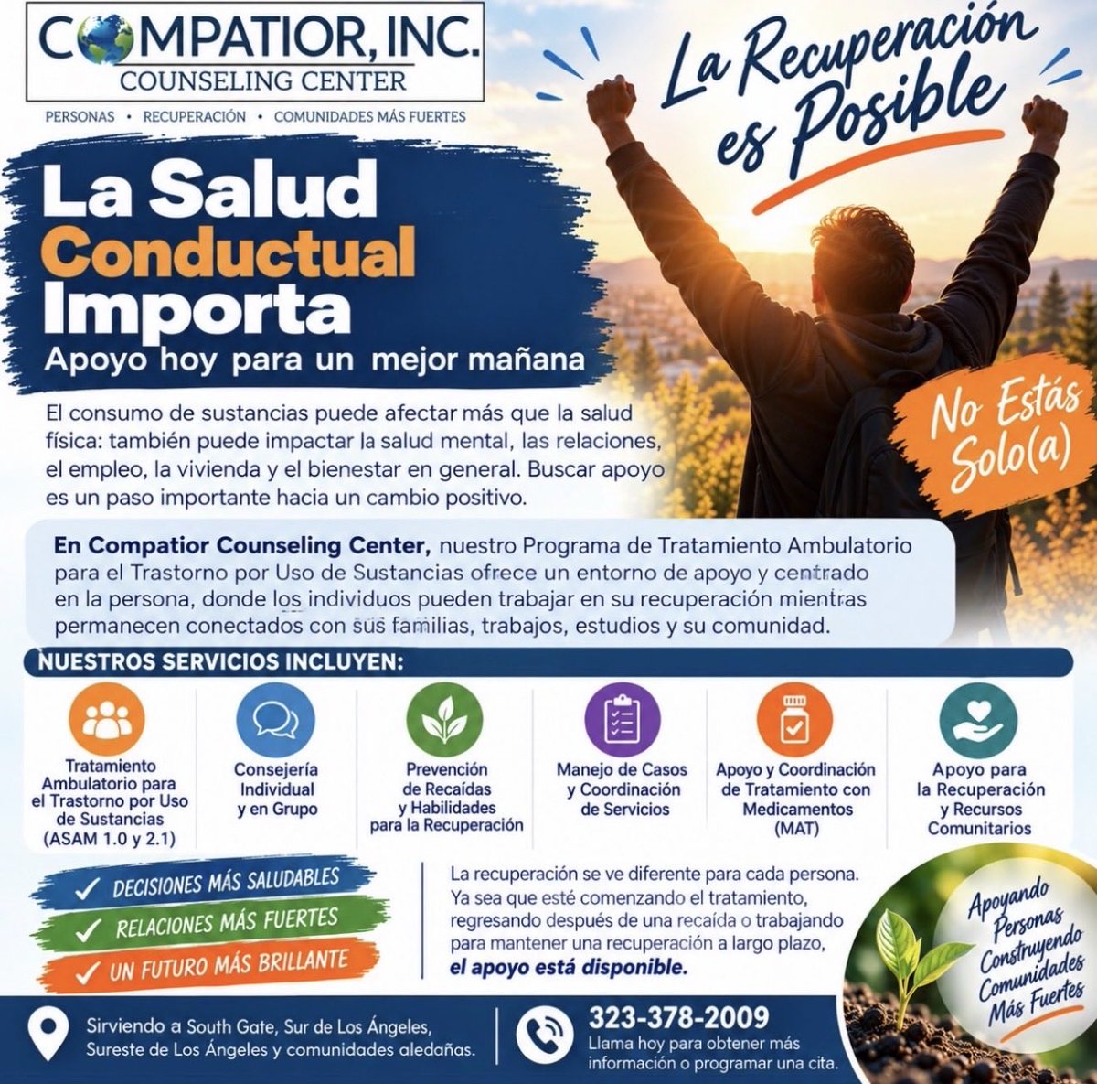 CompatiorCenter's tweet photo. #Compatior #SaludConductual #RecuperaciónDelUsoDeSustancias #TratamientoDeTrastornosPorUsoDeSustancias #Tratamiento LaSaludMentalImporta TratamientoAmbulatorio ApoyoParaLaRecuperación SouthGate SurDeLosÁngeles SaludComunitaria https://t.co/qGlOHElDDd