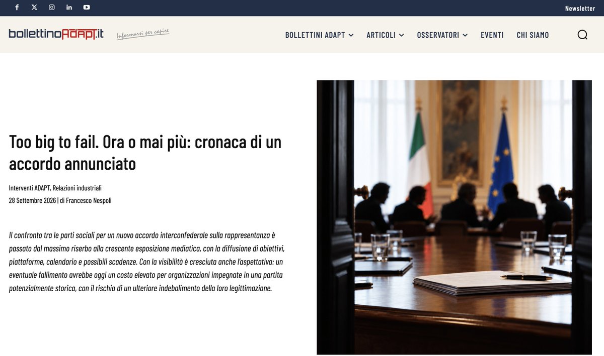 MicheTiraboschi's tweet photo. Too big to fail, cronaca di un accordo annunciato sulle nuove relazioni industriali ... seppure i tempi dell'intesa si sono allungati. 
Bel contributo di @FranzNespoli per il @bollettinoADAPT. Open access qui: https://t.co/2V3wDAFqAI https://t.co/rSzyn5lIew