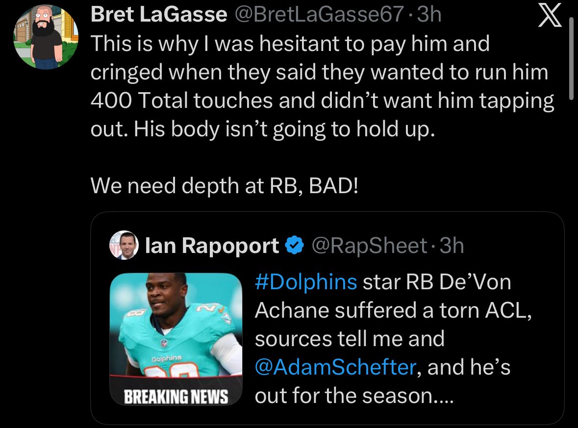 the_real_reason's tweet photo. Taking a “told you so” victory lap on a player who tears his ACL because he’s grabbed by the top of the facemask when he plants is trash behavior.

“I was hesitant to pay him”, sorry are you cutting the checks around here? 

Absolute clown behavior. #PhinsUp https://t.co/tXwP8LGL4J