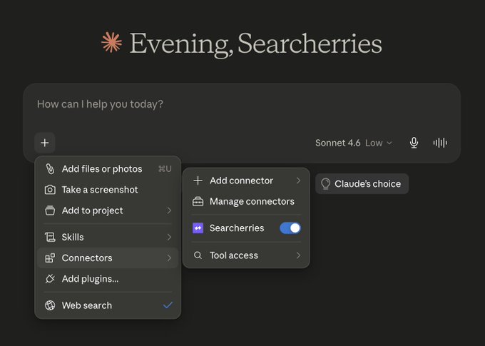 useSearcherries's tweet photo. Searcherries MCP connects Claude directly to your SEO Dashboard. 

Instead of exporting CSVs, switching between reports, or manually copying data into prompts, 
your SEO data becomes available inside Claude! 

Read more: https://t.co/i4KwP977m5 https://t.co/khPcgwGUb8