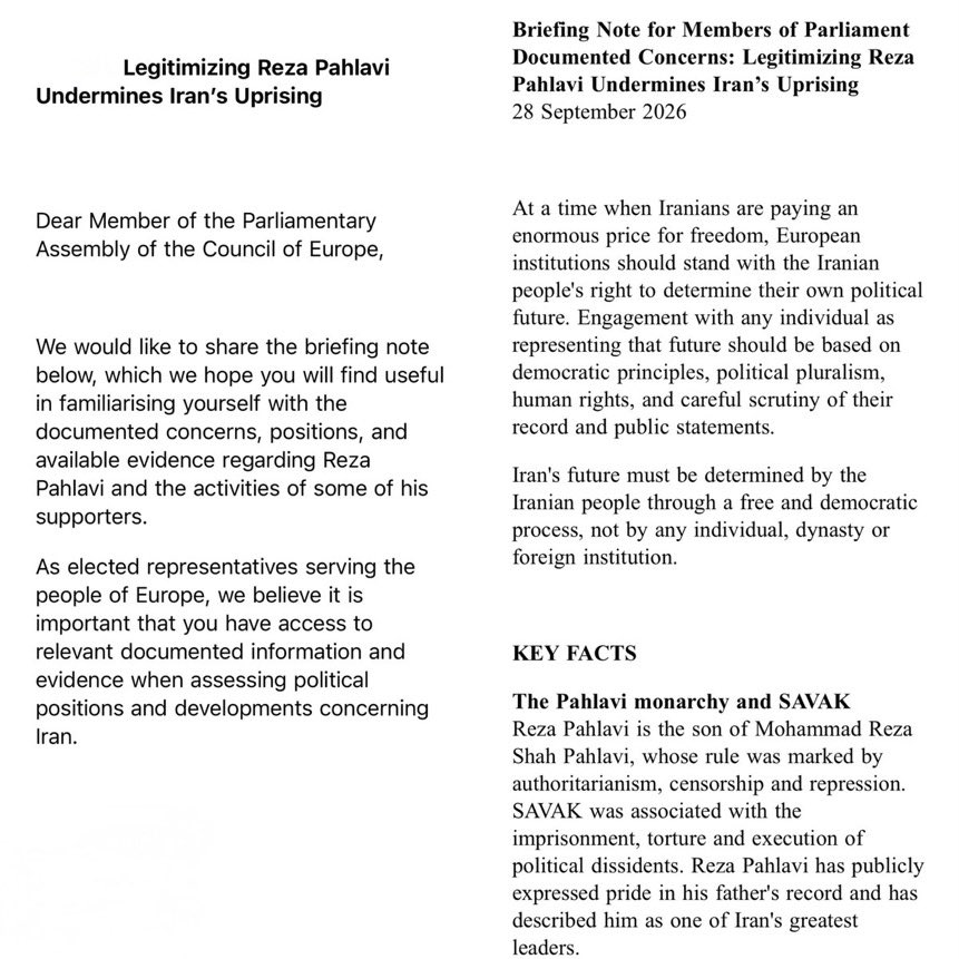 Constan63413921's tweet photo. This shameful briefing was sent to members of the Parliamentary Assembly of the Council of Europe by APA-ICE, an MEK-aligned organization. It attacks SAVAK, the agency that worked to dismantle MEK terrorist cells and counter their campaign of bombings and assassinations.

Here is the MEK’s record. The group remained on the United States’ list of foreign terrorist organizations until 2012. U.S. government records attribute the assassinations of six Americans in Iran to the MEK. The organization disputes responsibility, but that does not erase the documented record.

The NCRI was officially designated as an alias of the MEK—not an unrelated democratic organization, as its lobbyists would have people believe.

When the State Department delisted the MEK, it explicitly said it had not forgotten the group’s past acts of terrorism, including the killing of American citizens. It also expressed serious concerns about allegations of abuse against MEK members.

Former members and major investigations have described children separated from their families and recruited into the organization; members detained and tortured; forced divorces; sexual coercion; and women allegedly subjected to forced sterilization. The Intercept interviewed six defectors. Le Monde documented former MEK child soldiers’ testimony. Human Rights Watch investigated detention and torture inside MEK camps.

Former member Ray Torabi has also described MEK leaders and members celebrating the September 11 attacks while he was inside the organization.

This information is readily available.

@coe @PACE_News @PACE_President @alain_berset @CommissionerHR

https://t.co/Hq3E4V6KkN

https://t.co/q8NW988kzK

https://t.co/A4L5NnzneF

https://t.co/nTYkClaMUA

https://t.co/Fu88Npjuj8

https://t.co/On95ltEa9v
