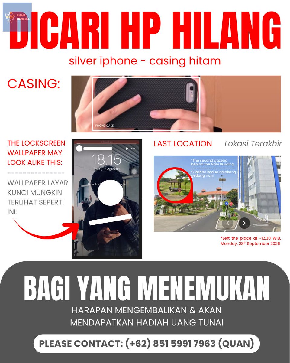 unairmfs's tweet photo. rek [LOST &amp; FOUND]
HELP TO BOOST! DICARI HP HILANG (BELAKANG GEDUNG NANI, KAMPUS C UNAIR). SILVER IPHONE, CASING HITAM. 

Last Loc: 12.30, Senin 28 Sept 2026

BAGI YG MENEMUKAN HARAP MENGEMBALIKAN KE NOMOR DI POSTER DAN AKAN DIBERIKAN REWARD UANG TUNAI. 

 THANKS https://t.co/DxXcF1rIw6