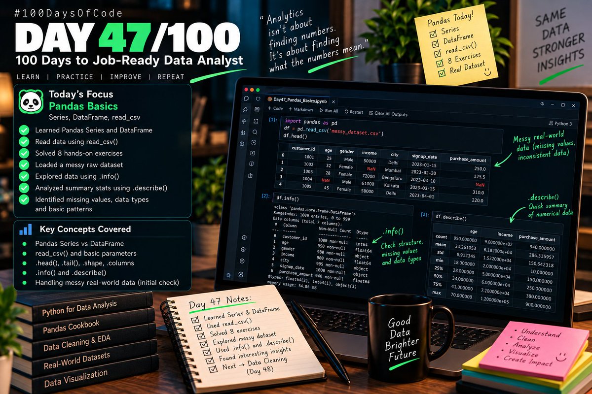 Chiranjeeb_Ku_'s tweet photo. Day 47/100 — Pandas 🐼

Started with Series, DataFrames &amp; read_csv.

Loaded a messy dataset and explored it using ".info()" and ".describe()".

Key insight: Good analysis starts with understanding the data.

#100DaysOfData #DataAnalyst https://t.co/iZk1WEfWkK