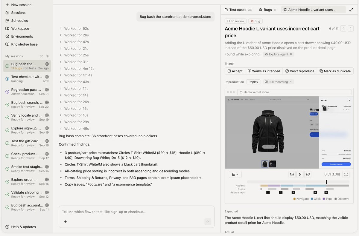 Texh_irien's tweet photo. the best part of this ai testing tool is what it REMOVES!!

momentic just launched mo... an ai agent that can take a url plus something like a jira ticket or product requirements doc and test the actual app for you

soo.....instead of writing and maintaining hundreds of test scripts.. you tell it what the user should be able to do and let it explore the edge cases

mo then records what it tested..what failed and how to reproduce the bug

if you build software, give it one messy user flow you normally test manually.... the bugs it finds might tell you something about the product too