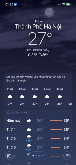 A weather app screenshot for Thành Phố Hà Nội showing 27°C with mostly cloudy skies, 10-day forecast, and hourly predictions with wind speed warnings.