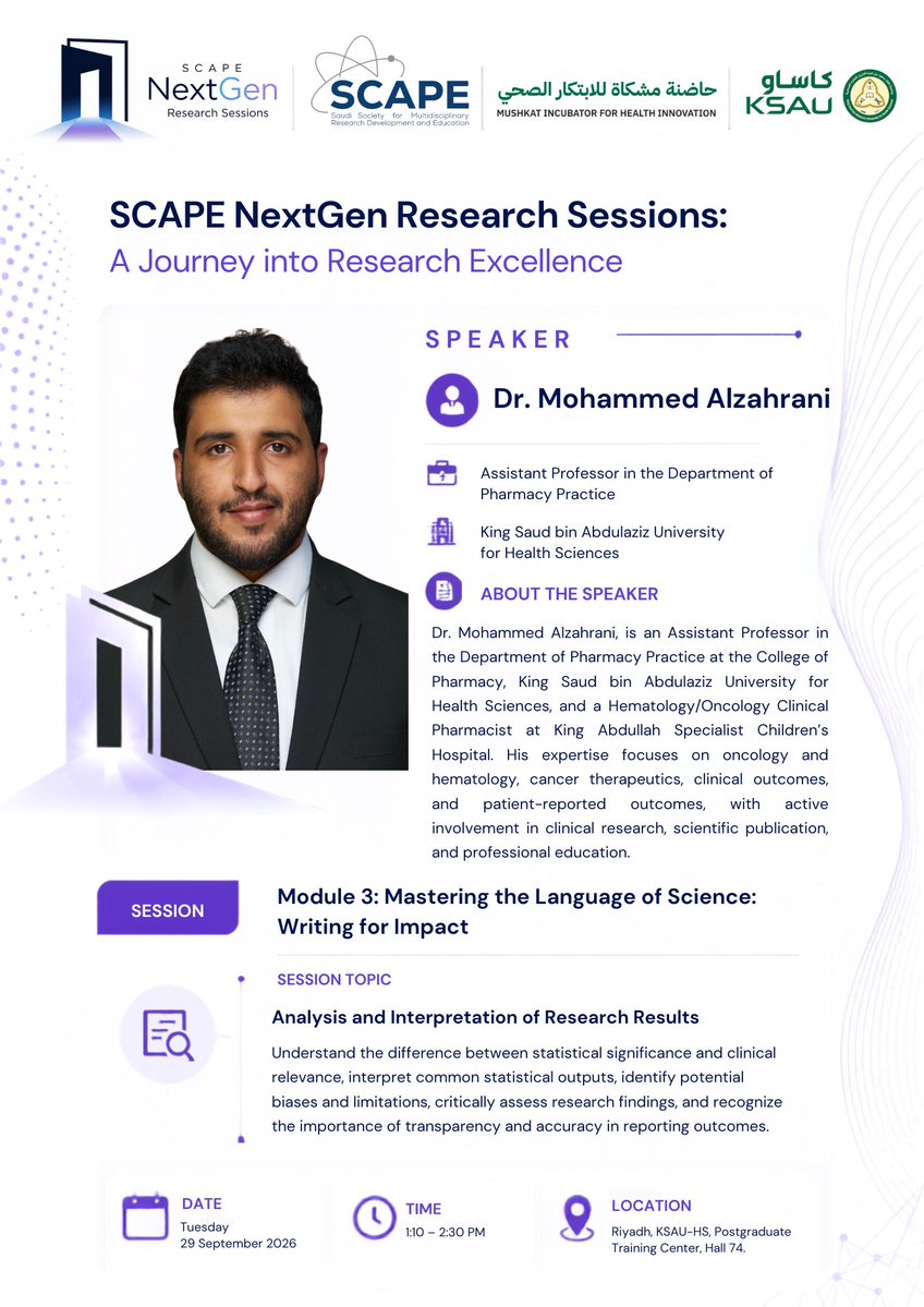 Scape_Society's tweet photo. We are pleased to have Dr. Mohammed Alzahrani as a speaker in the #NextGen Research Sessions
Register now: https://t.co/hcVOmmRHfj…
#Awareness_Community_Service_Track https://t.co/32kbP6GmMm
