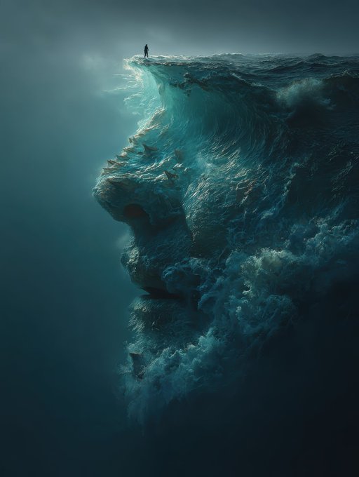 A dramatic digital artwork shows a tiny human silhouette standing on the crest of a massive ocean wave, with the wave's profile resembling a large creature's face.